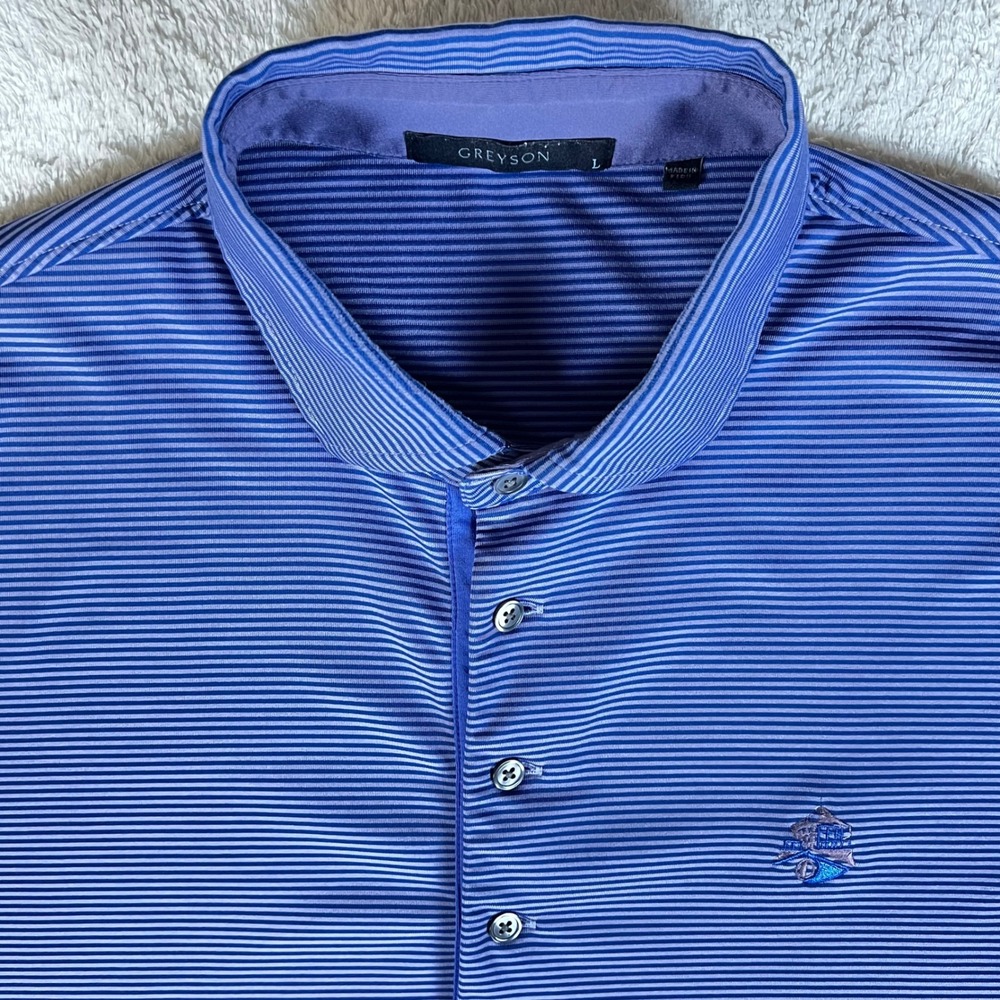 Greyson Mens Striped Golf Polo Shirt Blue Purple Short Sleeve Size Large